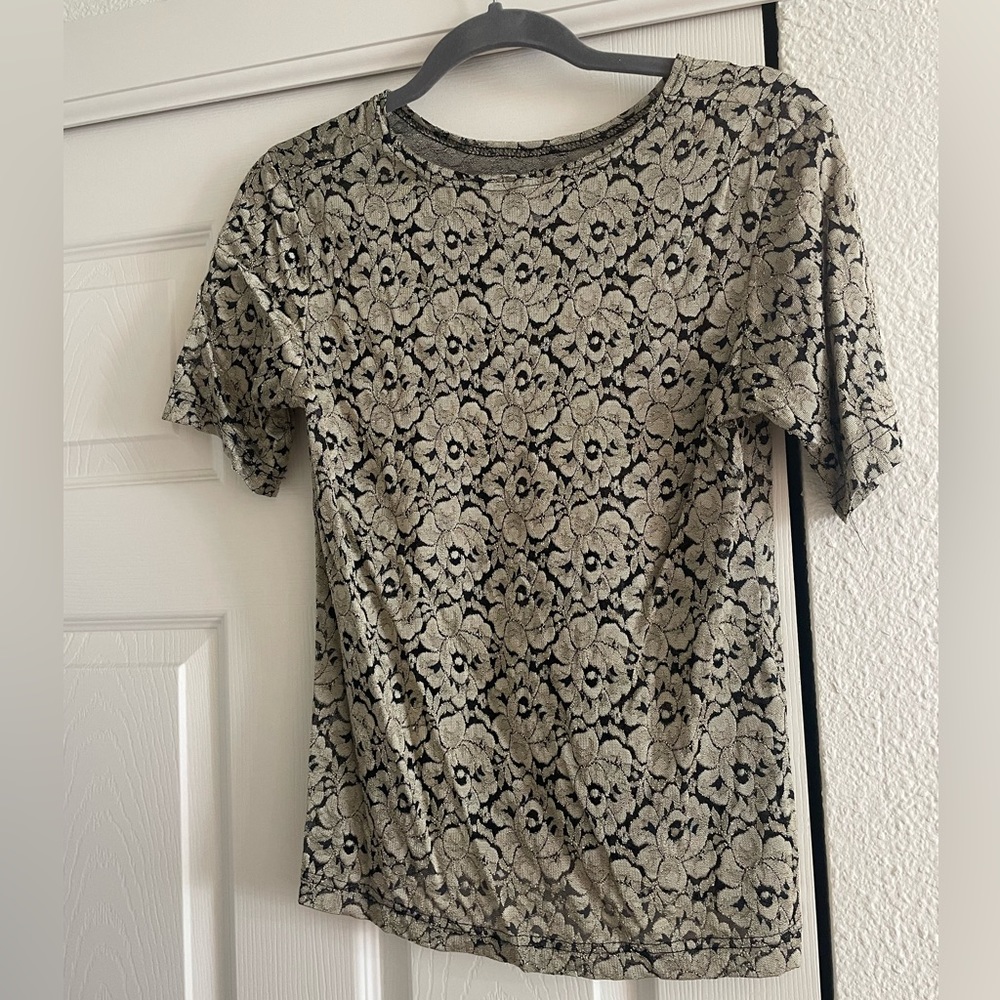 Vintage Anna Kriste Lacy Rose Black Gold Shirt Nylon Spandex Size Large